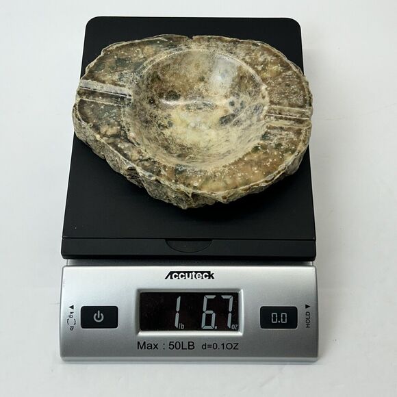 Vintage Alabaster Hand Carved Ashtray Ruff Edge Italy Green Brown Tan Rustic - Picture 12 of 12